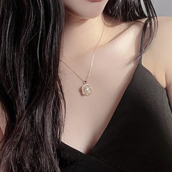 3/$35 Titanium Steel Pearl Necklace Gold Dainty Crystal Zirconia Pendant Jewelry - Picture 5 of 6